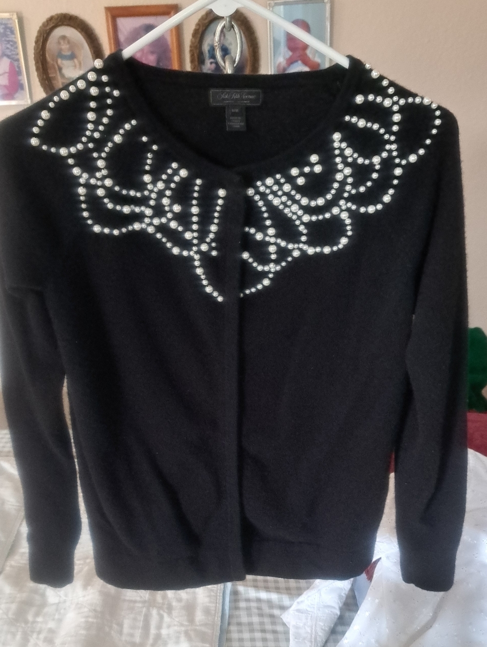 Saks Fifth Avenue Black Label Black Cardigan with Rhinestone Pearl Collar